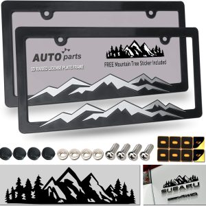 Mountain License Plate Frames- Plastic Black Car Tag Holder Bracket with Screws Caps, 2 Packs 2 Hole, Silver on Black, Mountain Vinyl Sticker Included