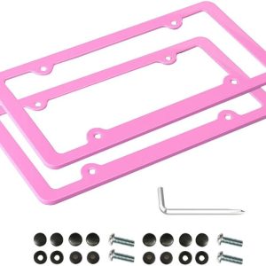 Pink License Plate Frame, 2 PCS License Plate Holder, Universal American Auto License Plate Frame Rust-Proof, Rattle-Proof, Weather-Proof